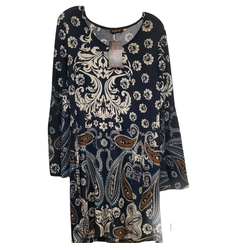 Reform Blue White Tan Paisley Bell Sleeve Midi Dress Rayon Spandex L NWT